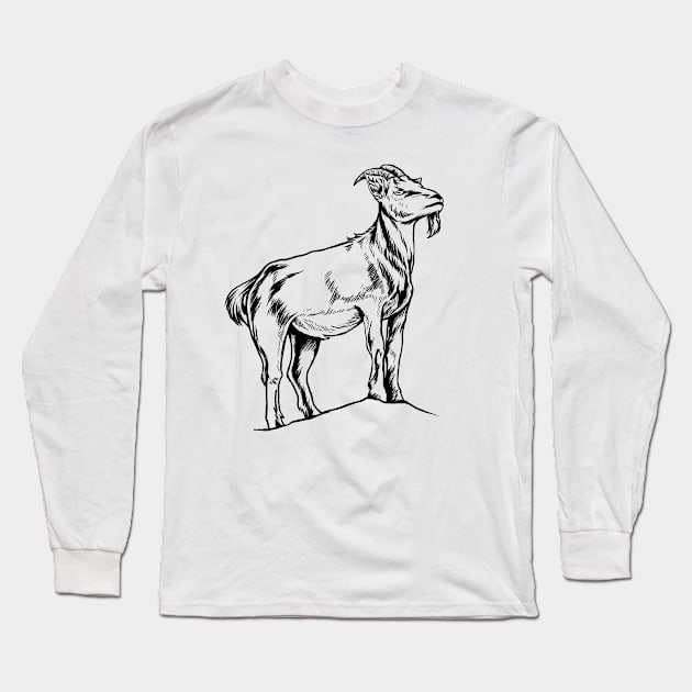 Line drawing - goat Long Sleeve T-Shirt by Modern Medieval Design